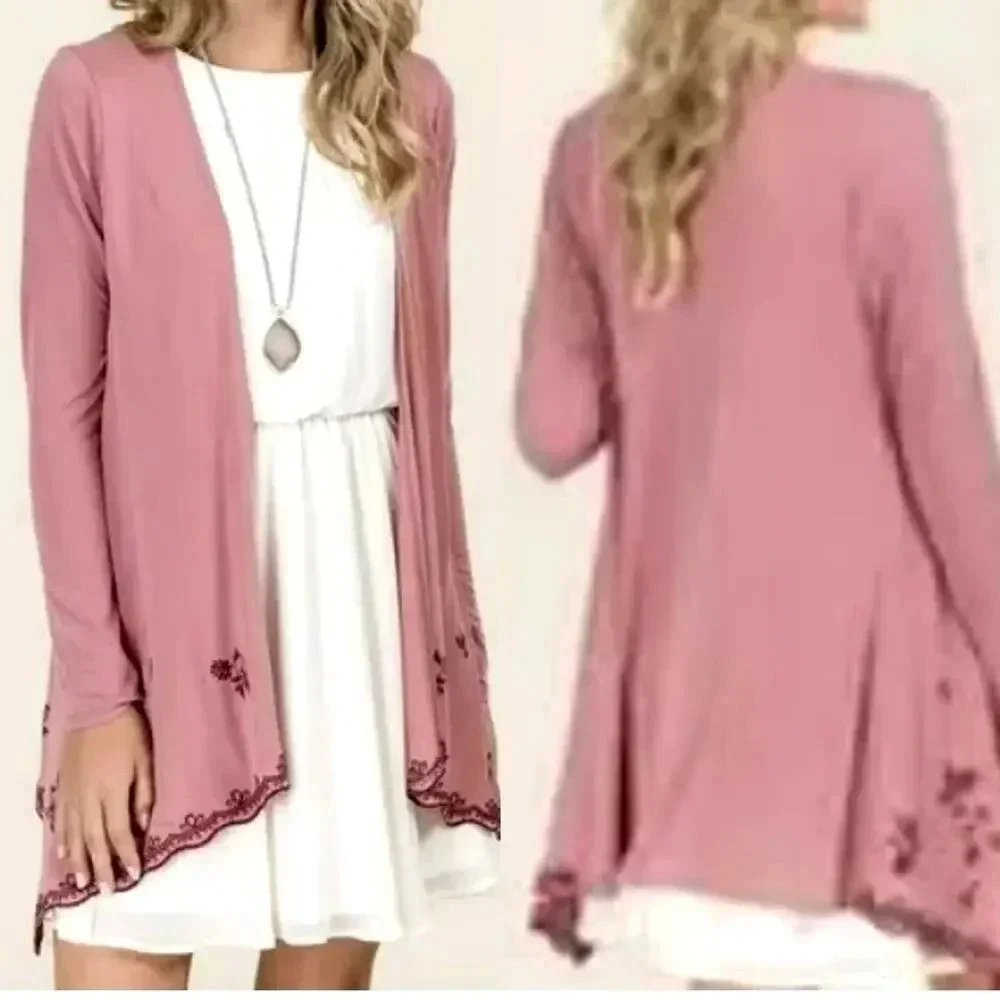 Mi ami Francescas Asymmetrical Embroidered Open Cardigan Tunic Sweater  M Rose
